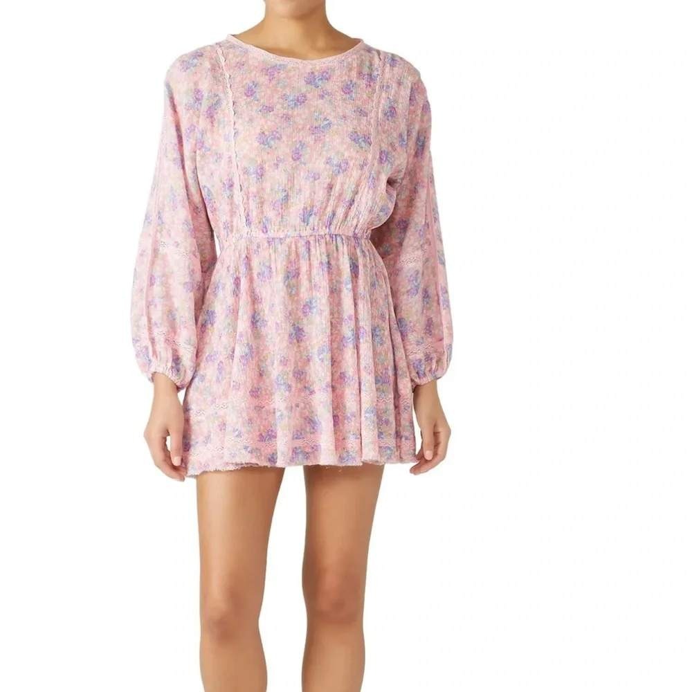 LoveShackFancy Pink Floral Cotton Gauze Lace Trim Mini Dress Size M